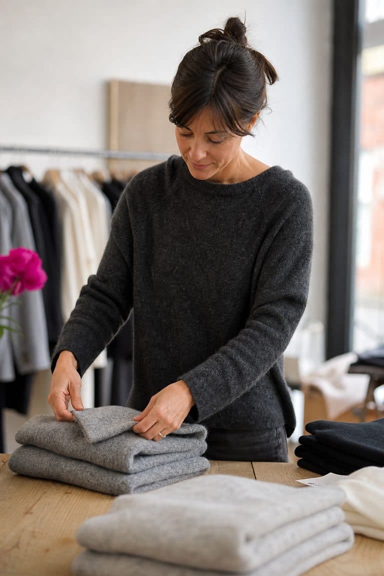 Boutique-Inhaberin legt Pullover auf einem Holztisch zusammen