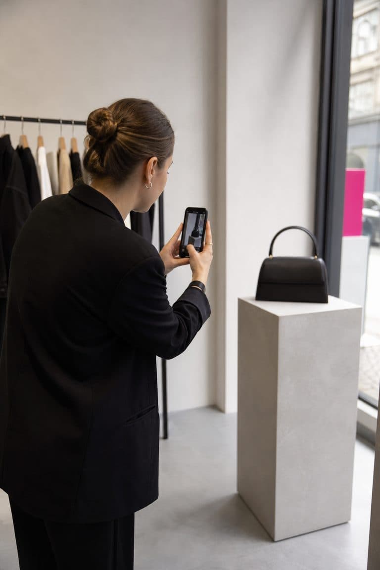 Verkäuferin fotografiert eine neue Handtasche mit dem Handy