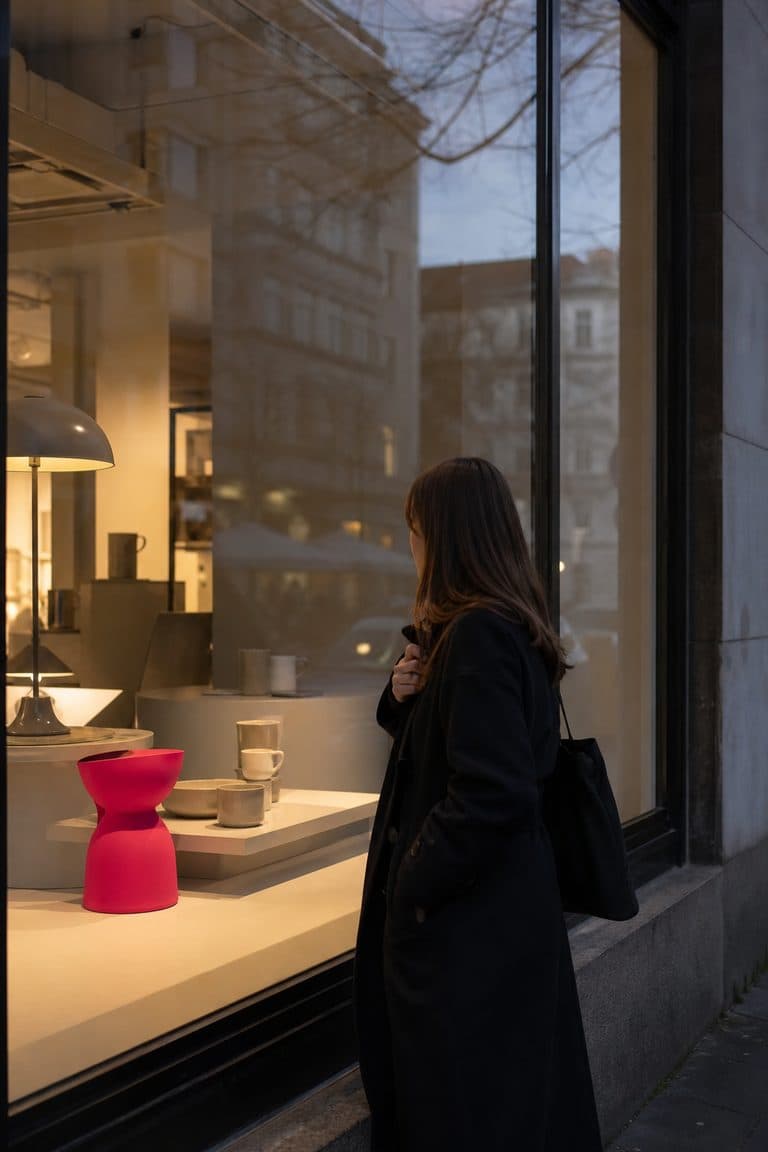 Schaufenster eines Concept Stores in der Dämmerung