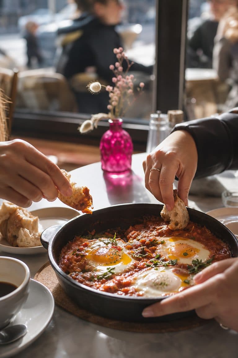 Frühstückstisch in einem Café mit Shakshuka, Brot und Kaffee
