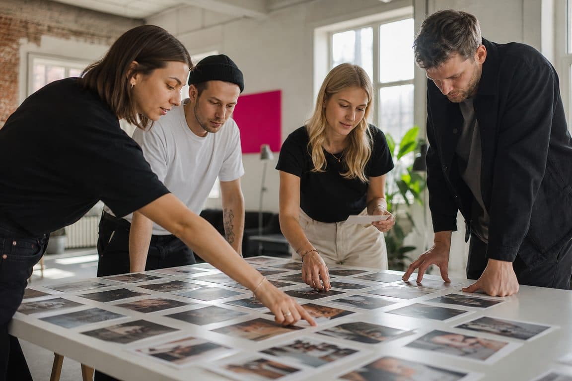 Team legt ausgedruckte quadratische Fotos als Raster auf einem Tisch aus