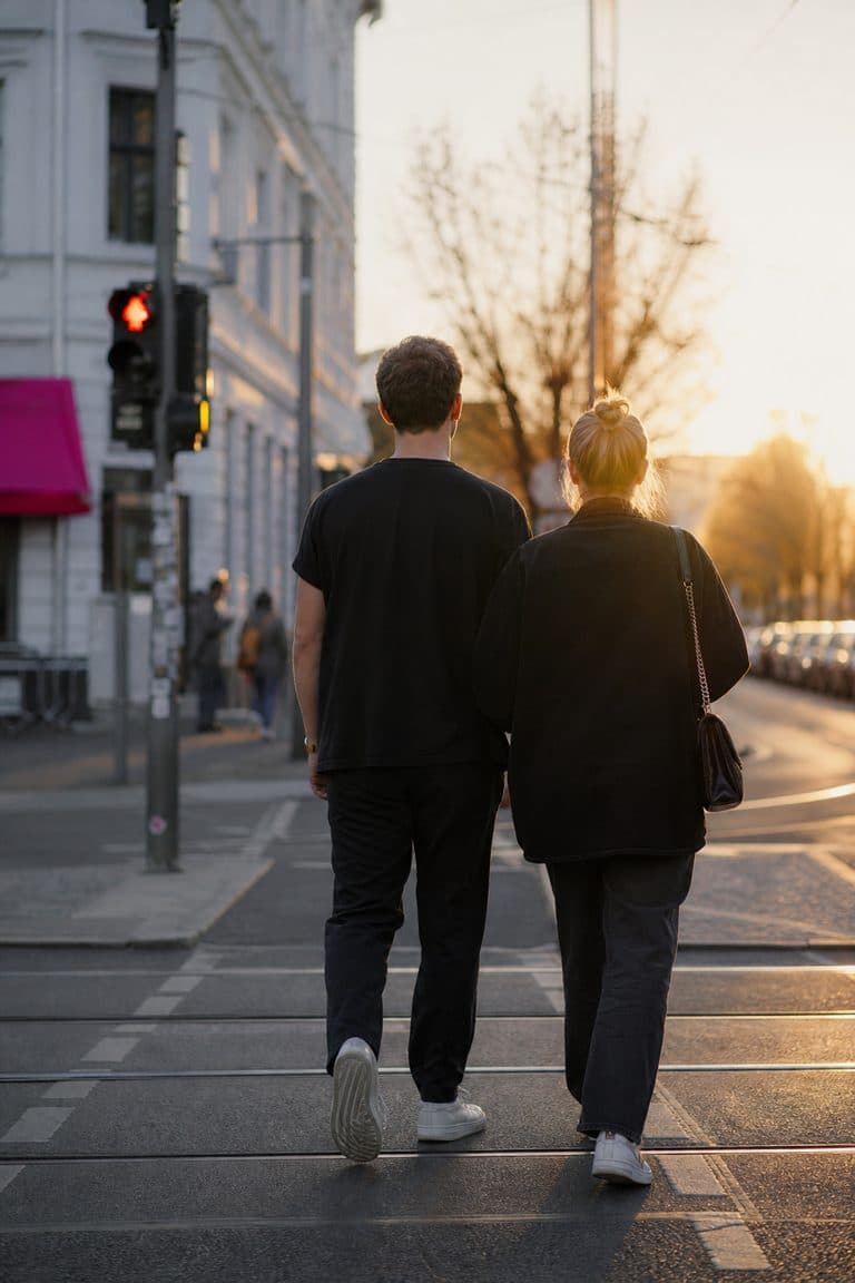 Paar überquert im Abendlicht eine Berliner Straßenbahnkreuzung