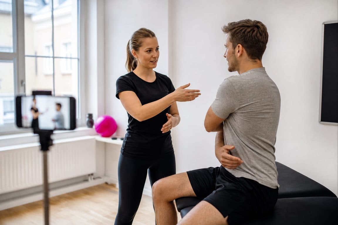 Physiotherapeutin erklärt eine Übung, ein Handy filmt von der Seite