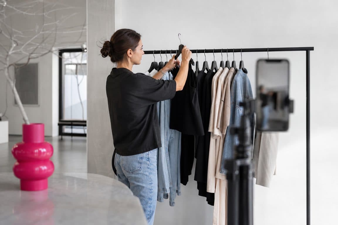Boutique-Inhaberin hängt neue Ware auf, ein Handy auf Stativ filmt