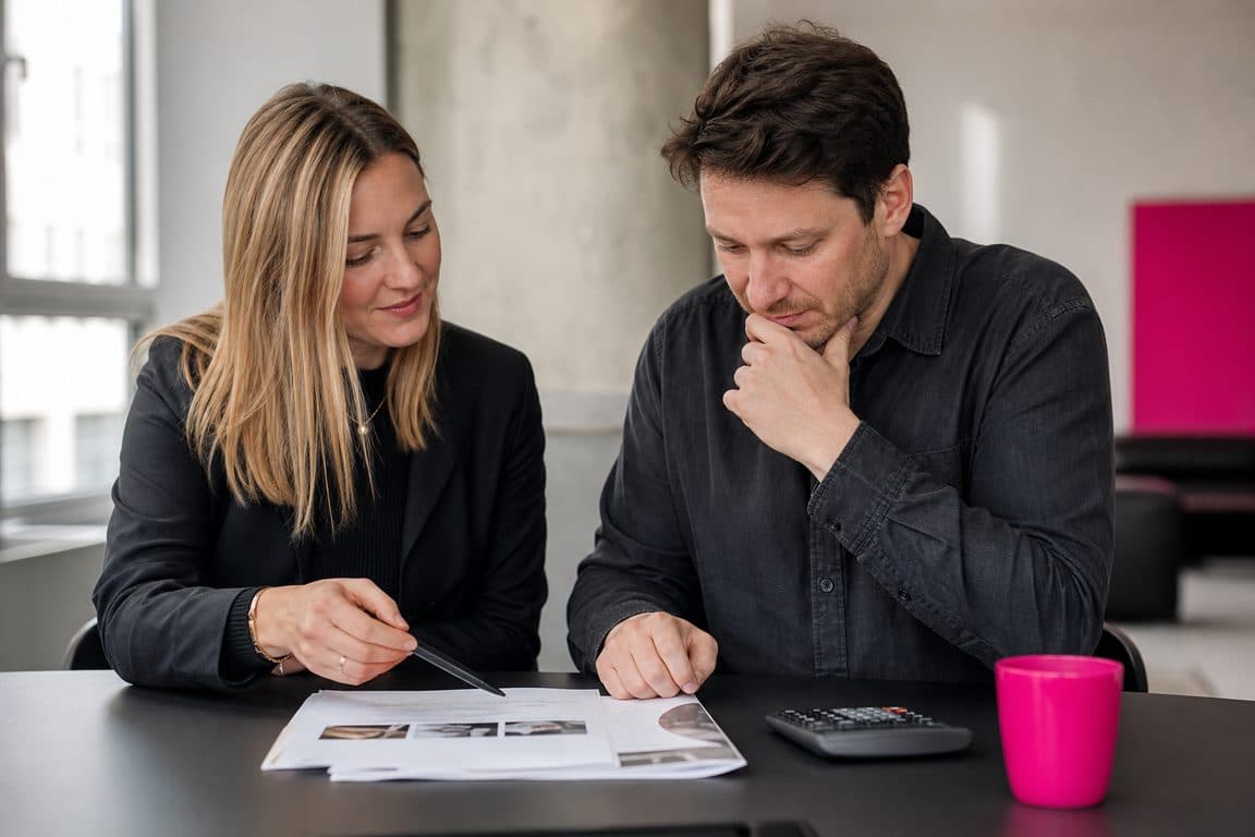 Unternehmerin und Berater besprechen ein ausgedrucktes Angebot mit Taschenrechner
