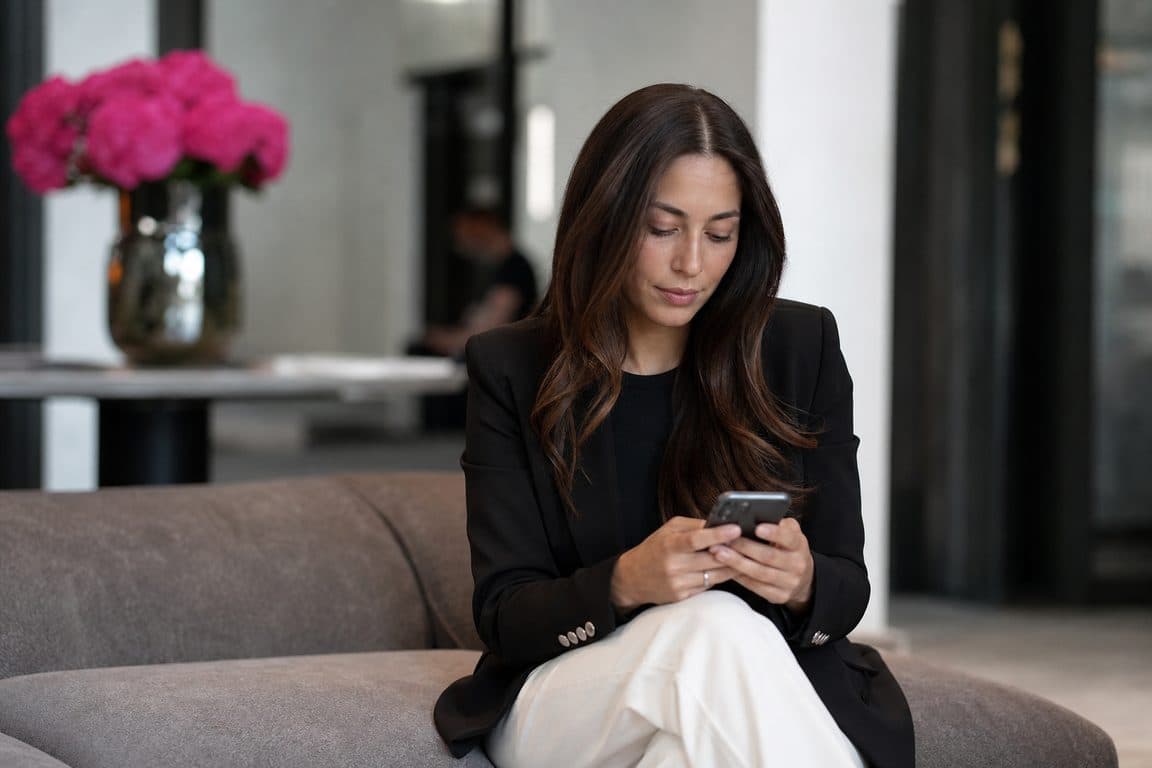 Beraterin im Blazer schreibt in einer Lobby einen Beitrag auf dem Handy