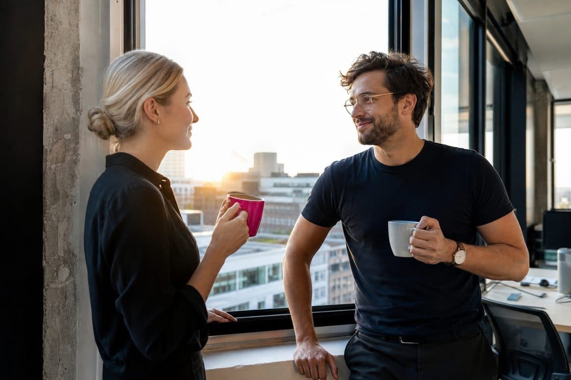 Am Morgen danach: zwei Kollegen trinken erleichtert Kaffee am Bürofenster