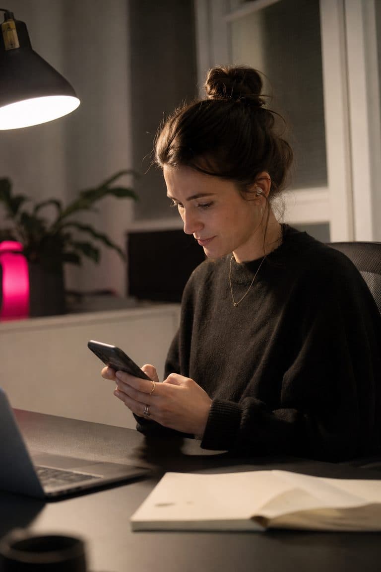 Community-Managerin liest abends ruhig Nachrichten am Schreibtisch