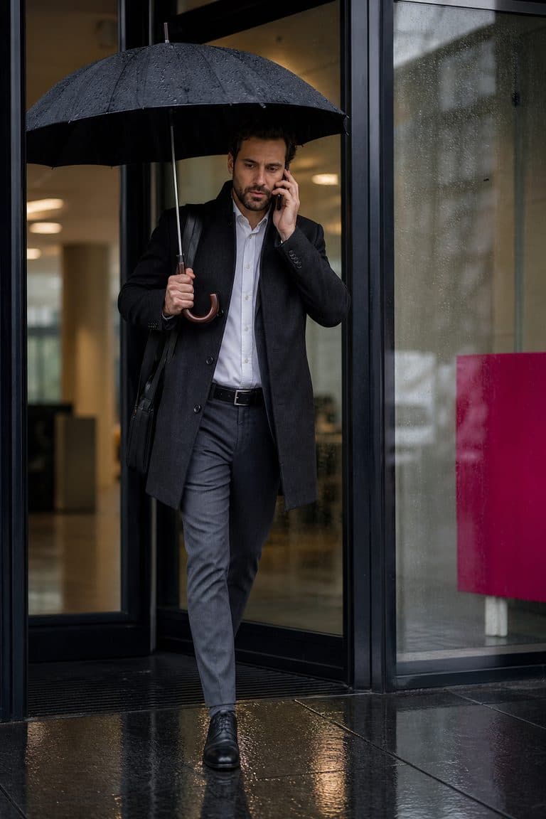 Mann verlässt telefonierend mit Schirm ein Bürogebäude im Regen