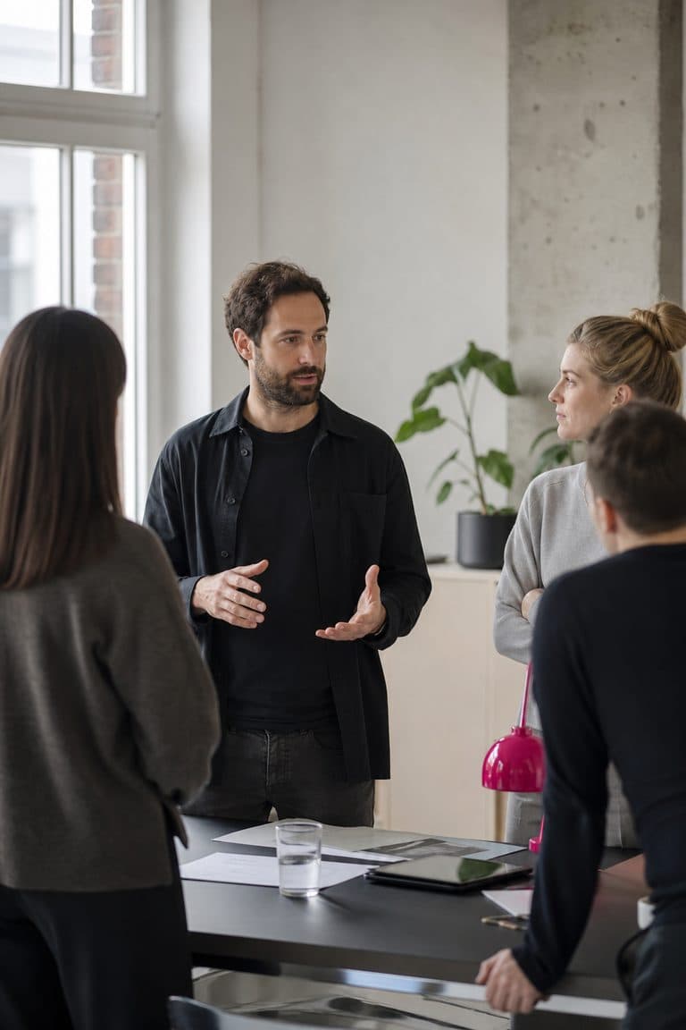 Teamleiterin briefet ruhig drei Kollegen an einem Schreibtisch
