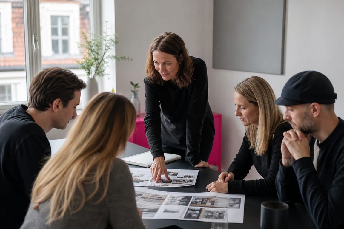 Frau leitet ein Team-Meeting an einem langen Tisch mit ausgedruckten Plänen