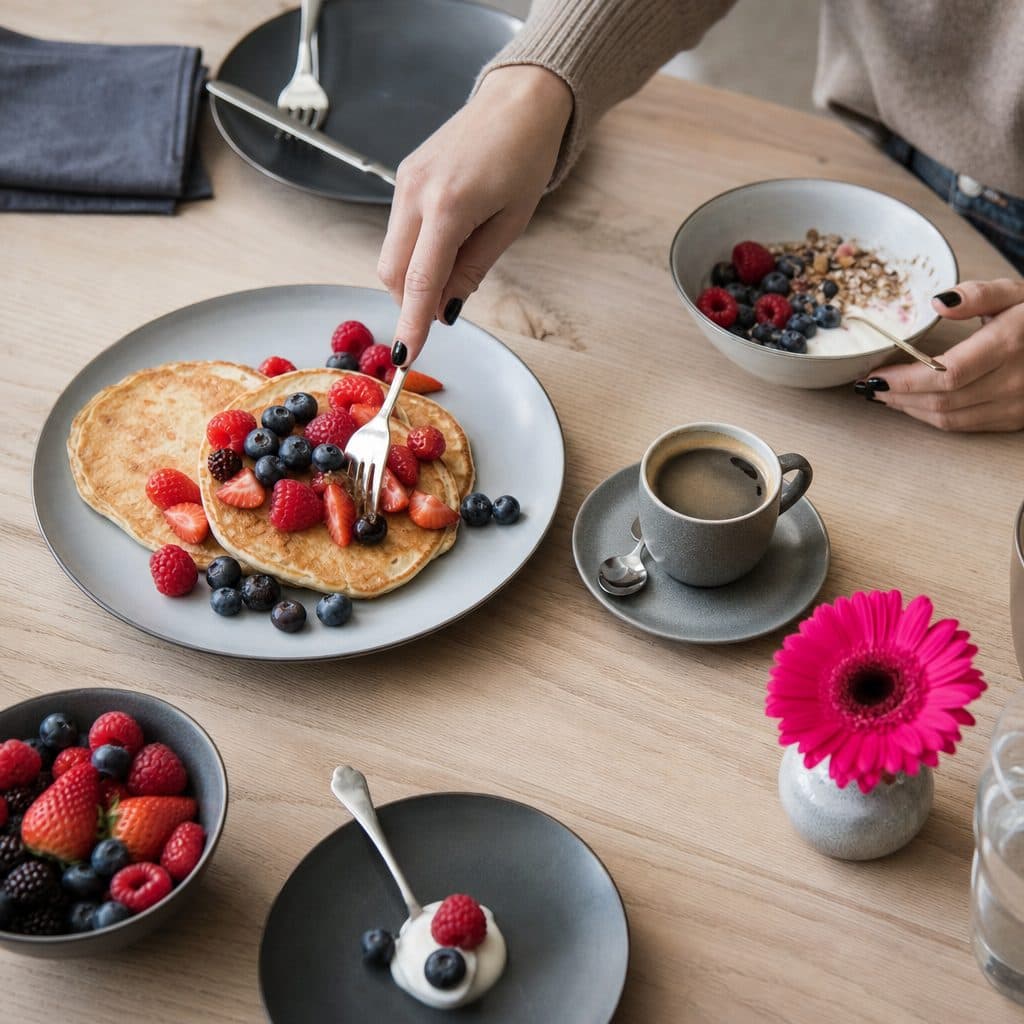 Sonntagsbrunch von oben mit Pancakes, Beeren und Kaffee