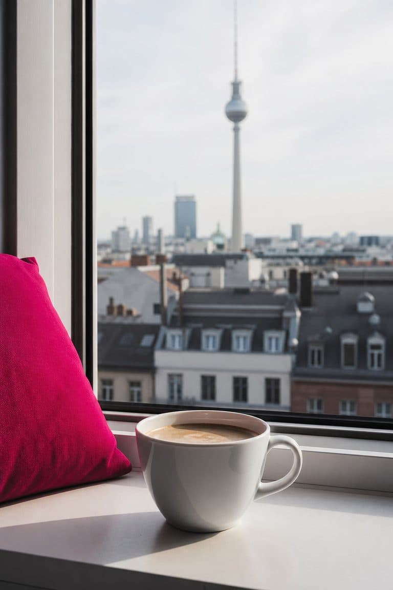Kaffeetasse auf einem Fensterbrett über den Dächern Berlins