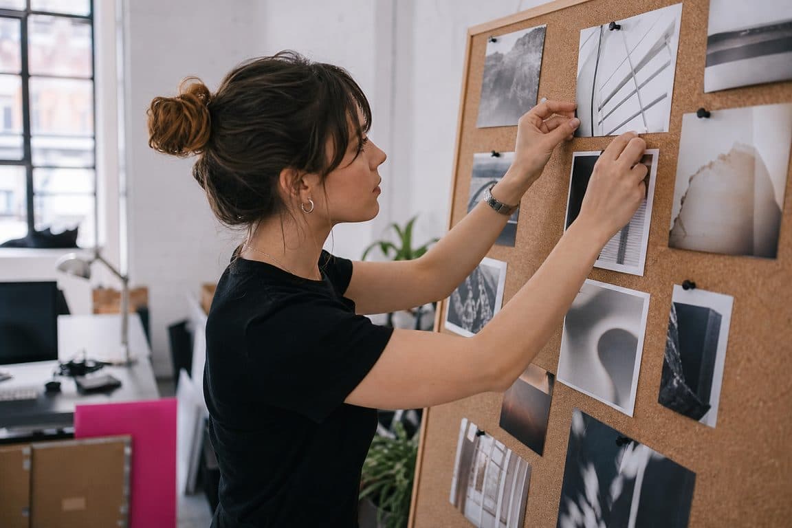 Frau pinnt ausgedruckte Inspirationsfotos an eine Korkwand