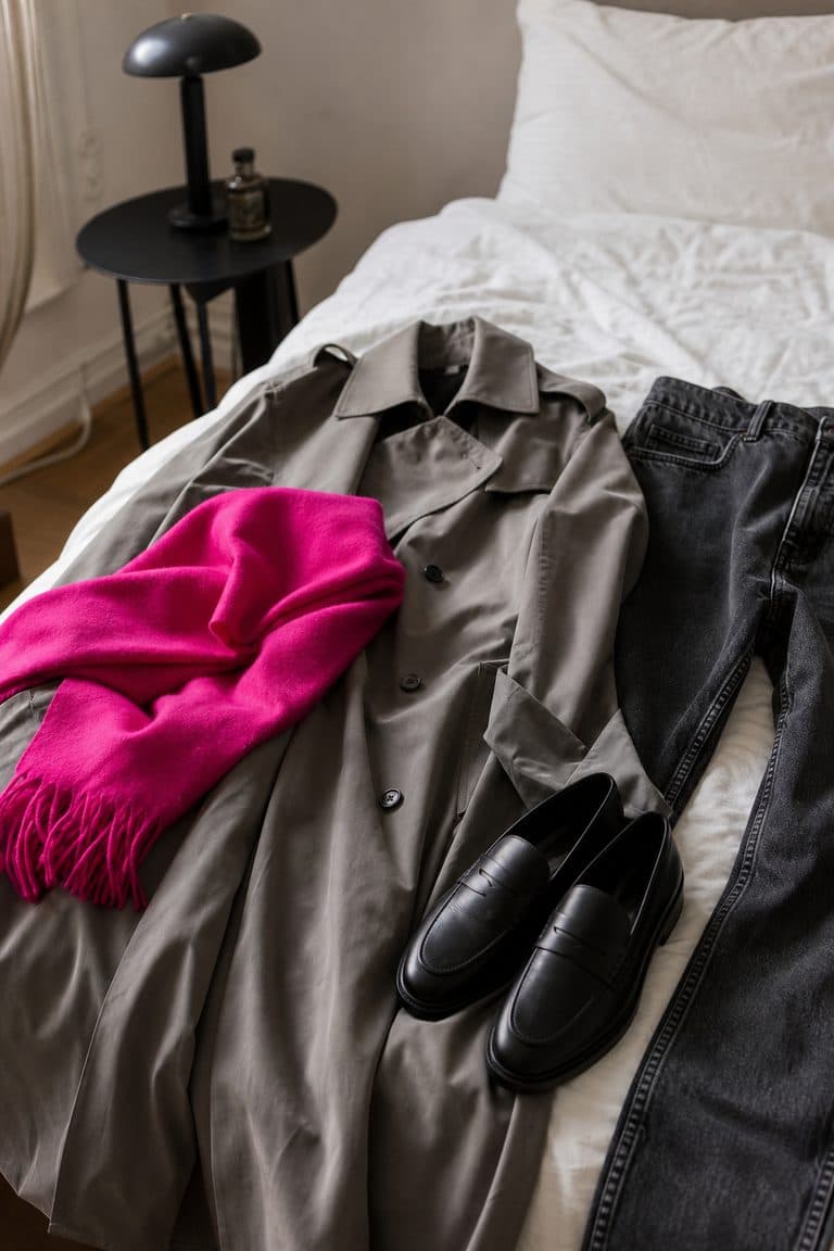 Ein Outfit liegt auf dem Bett: Trenchcoat, Jeans, Loafer und pinker Schal