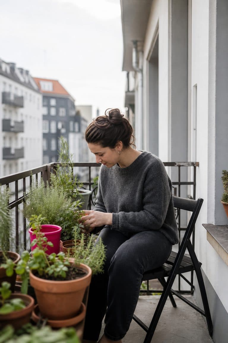 Kleiner Balkongarten mit Kräutern in Terrakotta-Töpfen