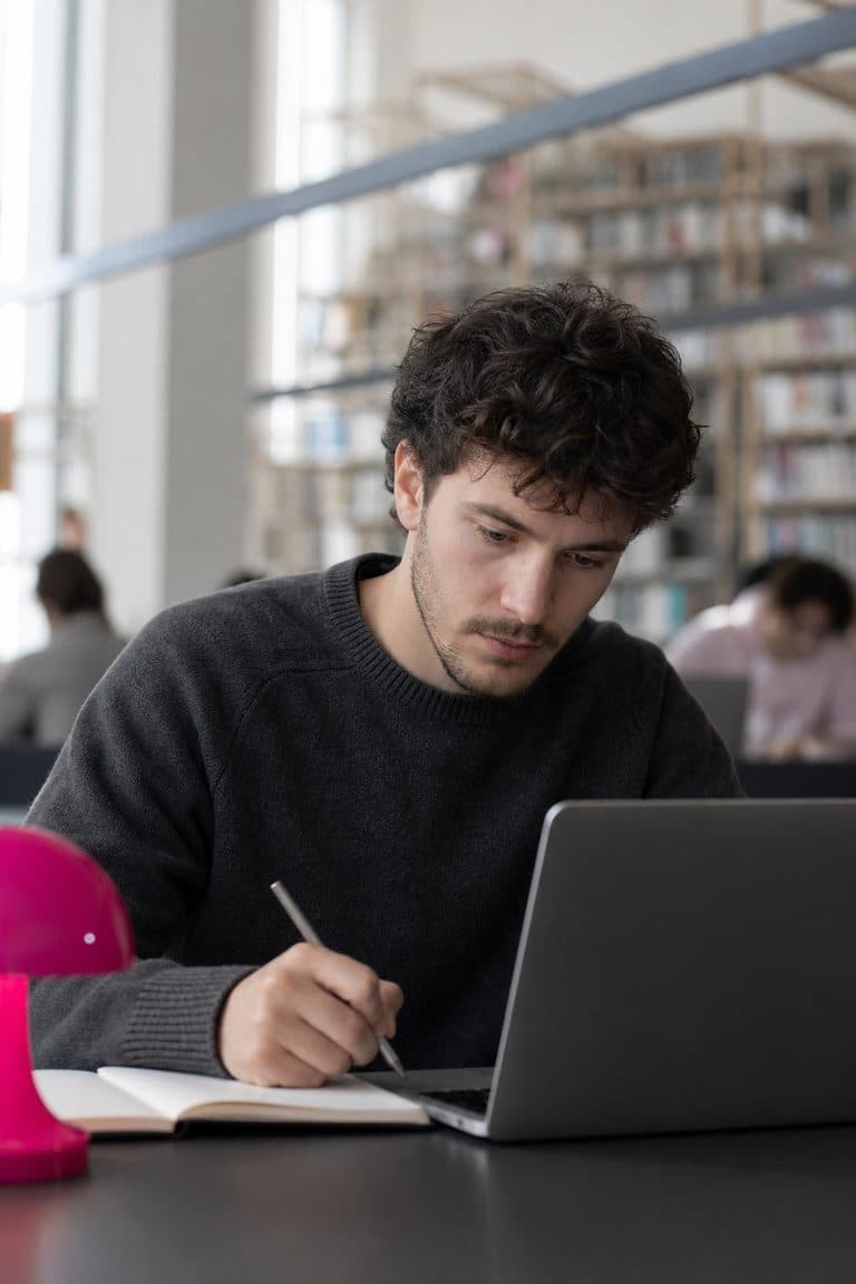 Junger Mann macht sich in der Bibliothek Notizen vom Laptop