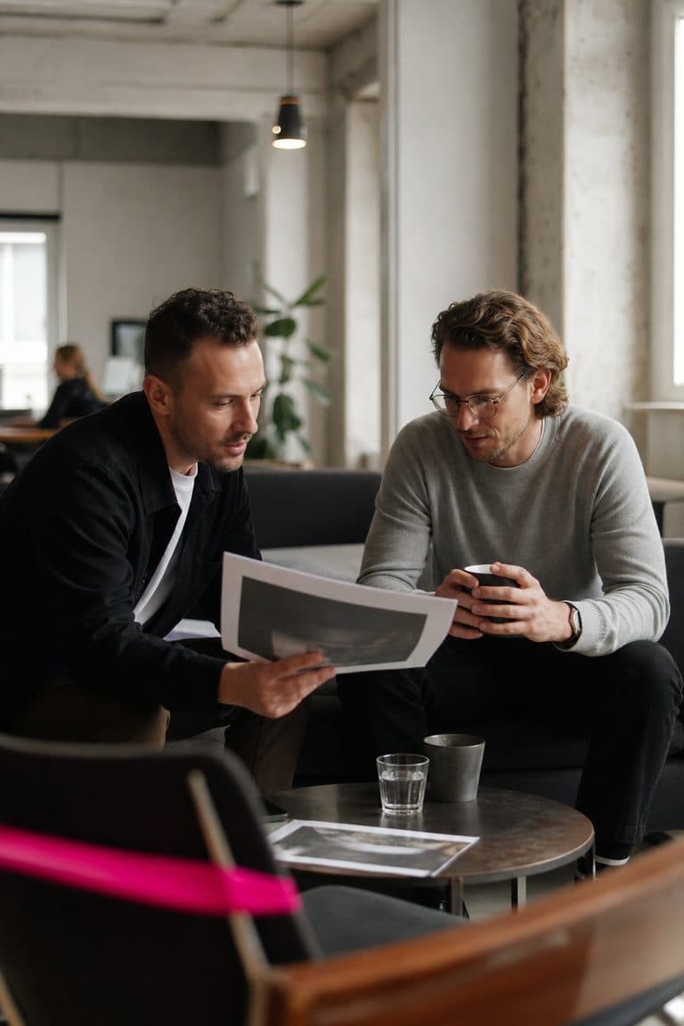 Zwei Gründer besprechen im Co-Working bei Kaffee einen ausgedruckten Artikel