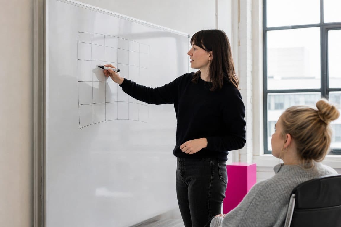 Frau zeichnet einen Monatsplan für Inhalte an ein großes Whiteboard im Büro