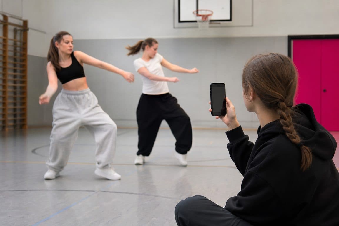 Drei Jugendliche proben eine Choreografie in einer Turnhalle