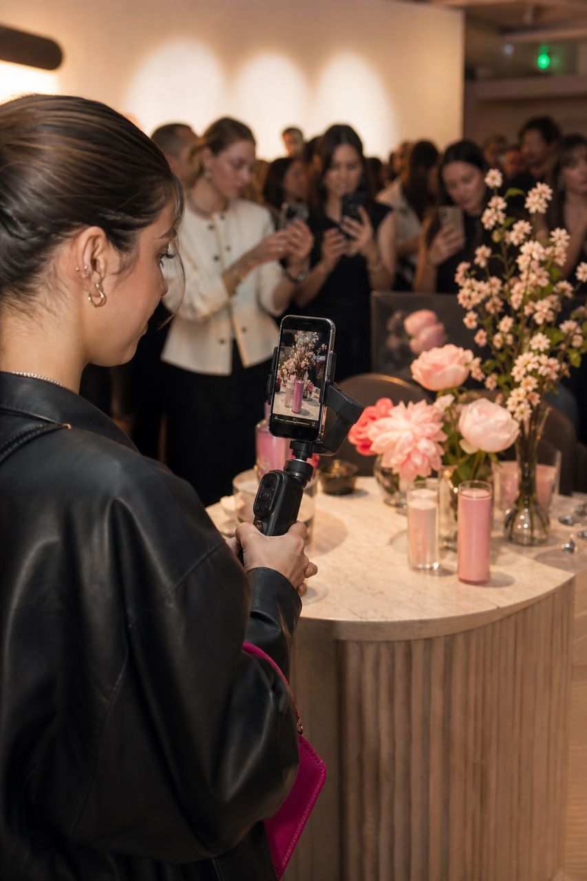 Eine Besucherin filmt einen Tisch mit Blumen und Getränken mit dem Handy am Gimbal.