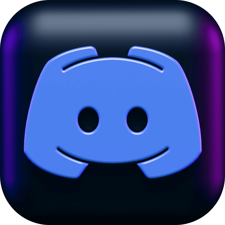 Icon der Messenger-Anwendung Discord, dargestellt als lächelndes, blau leuchtendes Gesicht mit abgerundeten Ecken auf dunklem, leicht lila schimmerndem Hintergrund.