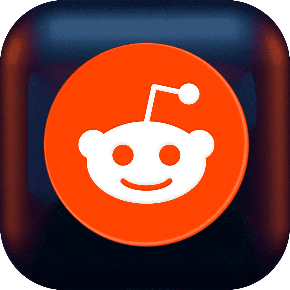 Ein rundes, orangefarbenes Symbol mit dem stilisierten weißen Gesicht einer Figur und einer Antenne auf der Oberseite, welches die mobile Applikation eines bekannten sozialen Nachrichtenaggregators und Diskussionsforums darstellt. Das Symbol ist zentriert vor einem dunklen Hintergrund platziert.