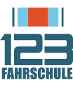 Logo der "123 Fahrschule", bestehend aus drei gestapelten, farbigen Balken in Rot, Blau und Dunkelblau oberhalb der stilisierten Zahlen "123", gefolgt vom Wort "Fahrschule" in dunkler Schrift.