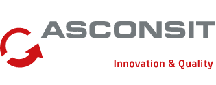 Logo von ASCONSIT mit dem Slogan "Innovation & Quality" darunter. Das Logo besteht aus dem in Großbuchstaben geschriebenen Namen "ASCONSIT" mit einem stilisierten roten Buchstaben "G" links davon.