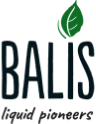 Logo der Marke "BALIS" mit einem grünen Blatt über dem Buchstaben 'I', dazu der Slogan 'liquid pioneers' in kleinerer, grauer Schrift unterhalb des Markennamens.