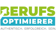 Logo mit dem Schriftzug "BERUFSOPTIMIERER" in Grün und Blau mit dem Slogan "Authentisch. Erfolgreich. Sein." darunter.