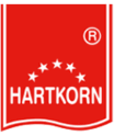 Rotes Logo mit dem Namen "HARTKORN" in weißer Schrift zentriert, darüber fünf weiße Sterne und am oberen Rand ein kreisförmiges "R" Symbol, das eine Registrierung andeutet, auf einem weißen Hintergrund.