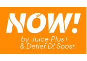 Logo mit dem Schriftzug "NOW! by Juice Plus+ & Detlef D! Soost" auf orangefarbenem Hintergrund.