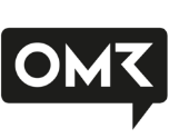Logo von OMR mit weißem Text auf schwarzem Hintergrund, integriert in eine Sprechblase.