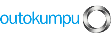 Logo von Outokumpu mit stilisiertem, silbernem Ring am Ende des Schriftzugs.