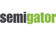 Logo von Semigator mit stilisiertem Schriftzug, wobei das "semi" in dunkelgrau und "gator" in grün dargestellt ist.